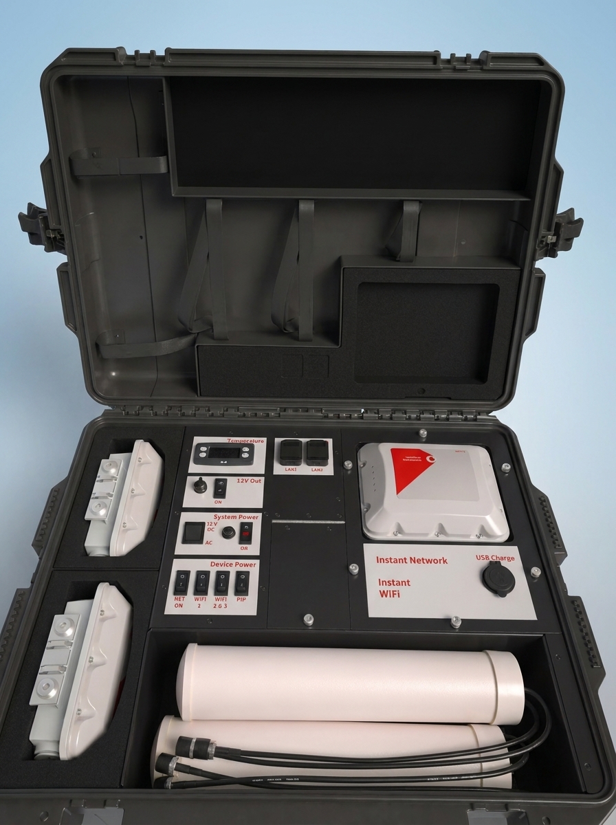 Open Instant WiFi case showing internal layout, access points, antennas and control panel