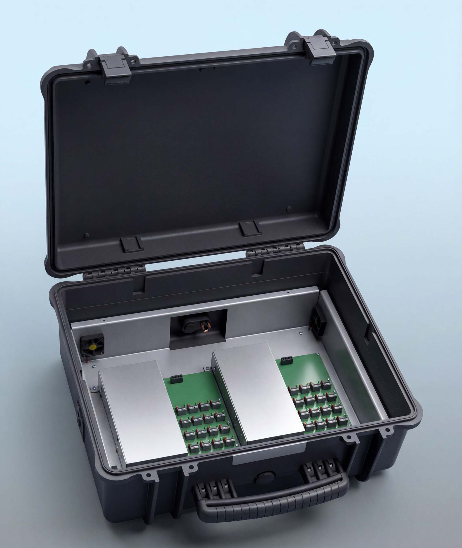 Interior of mobile device charging case showing phones and USB battery packs