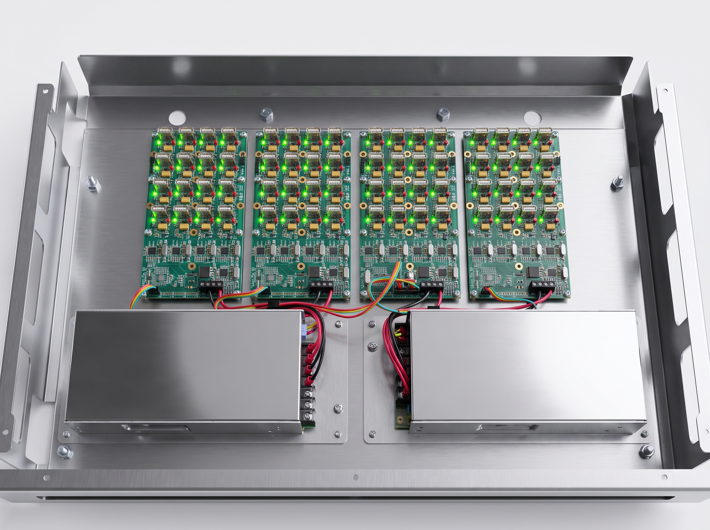 USB charge and sync PCBs integrated into custom base metalwork with power supplies
