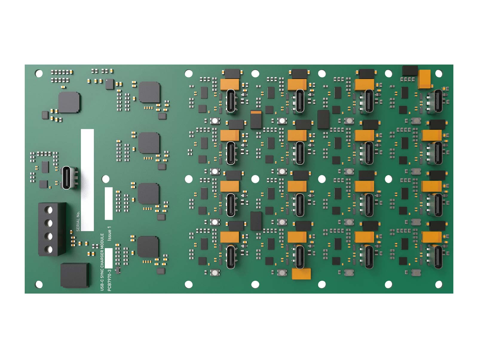 Overhead view of USB charge and sync PCB for integrated device management systems
