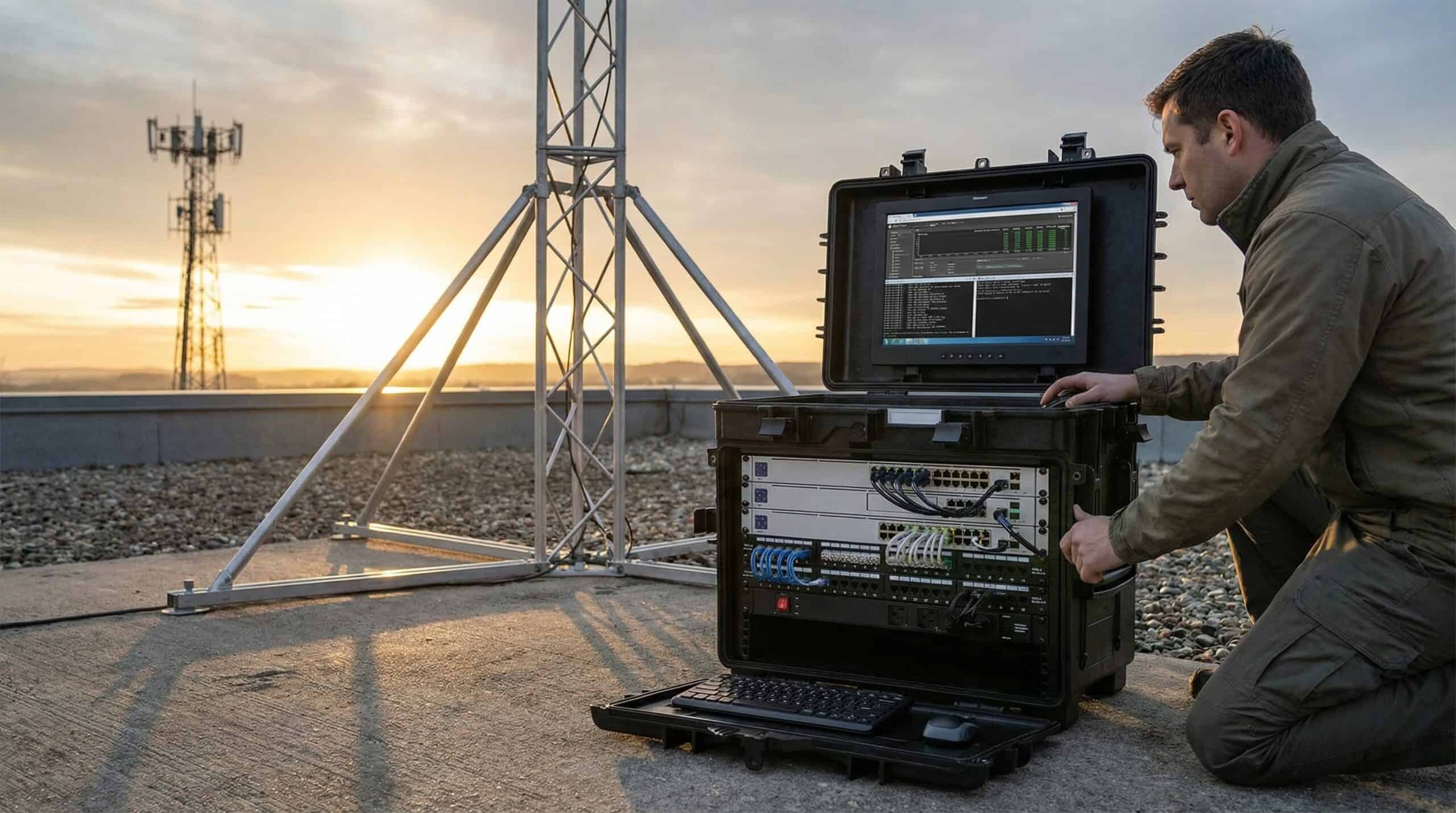 Deployable network system with integrated networking equipment in a rugged portable case