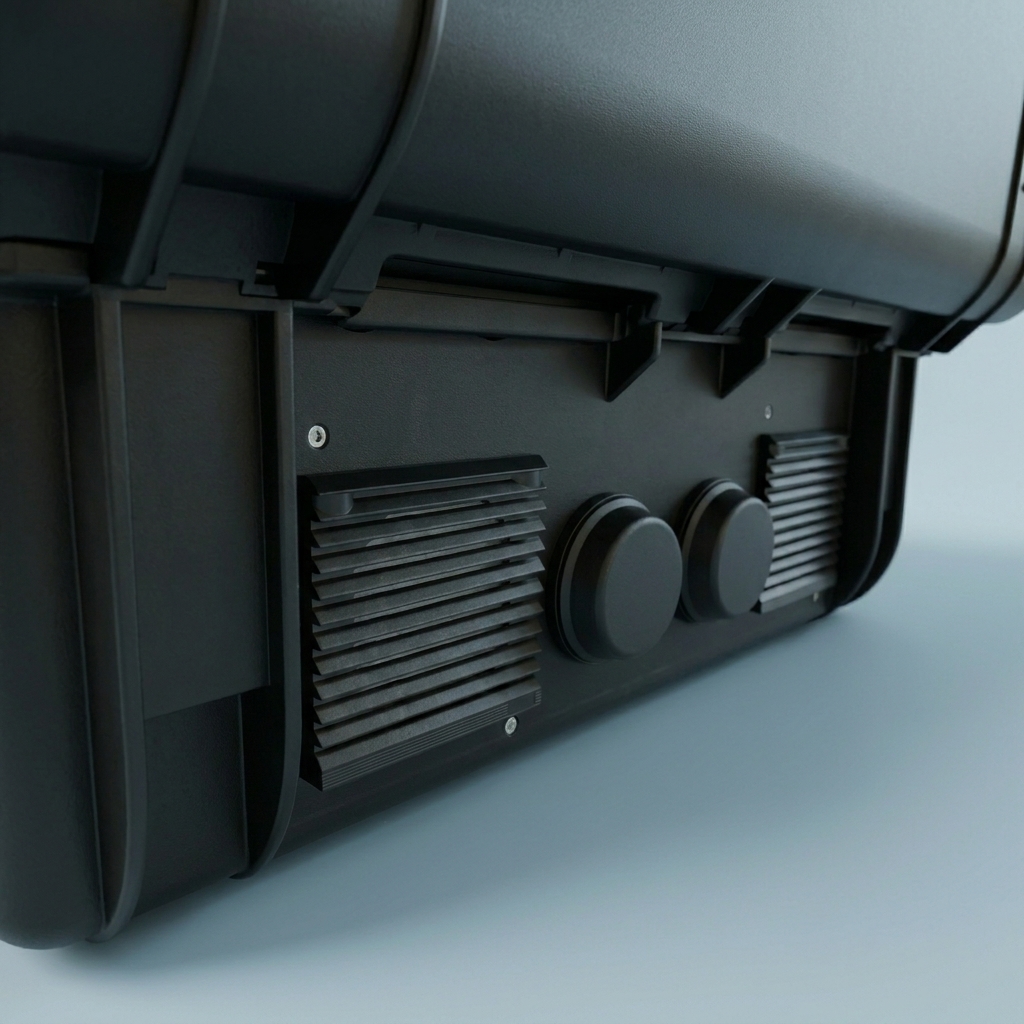 Rear of rugged broadcast server case showing cooling fans and antenna connections