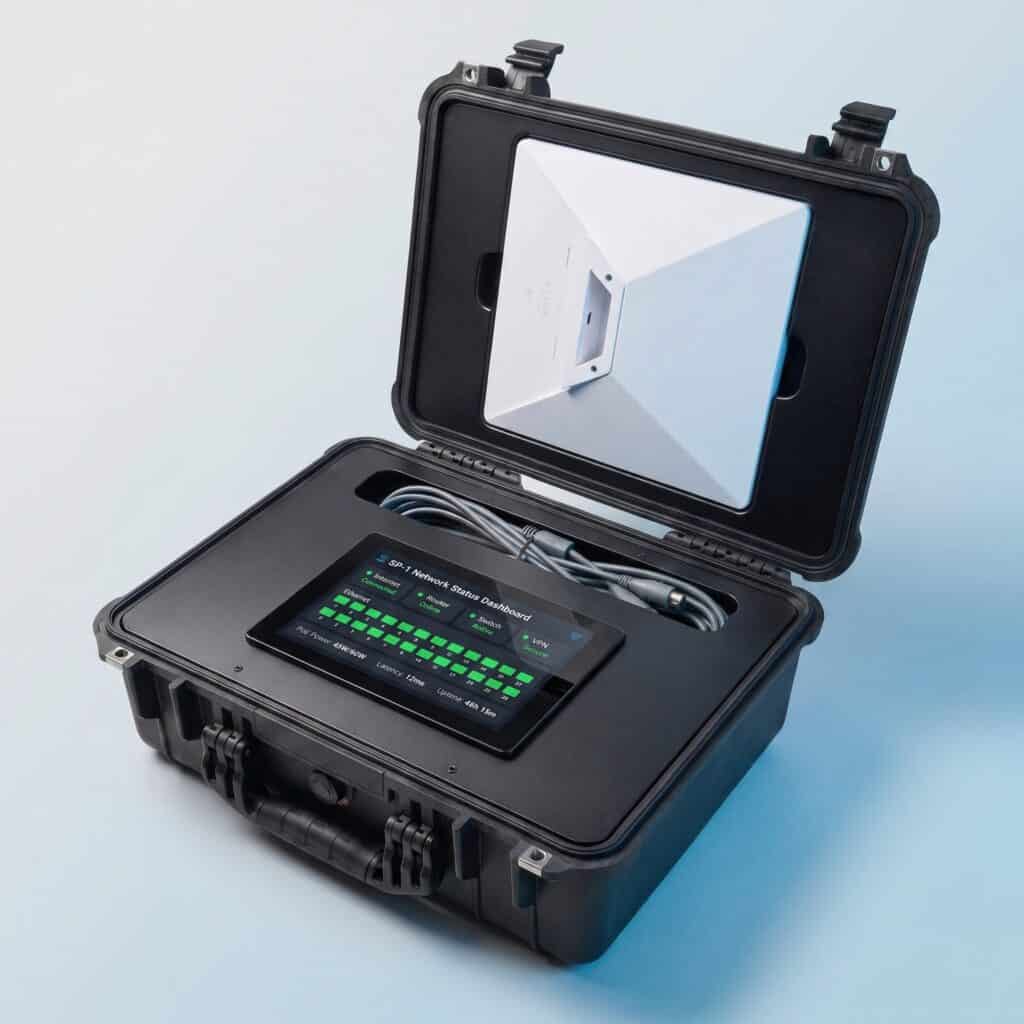 Deployable network system with integrated Starlink Mini, status display and rugged protective case