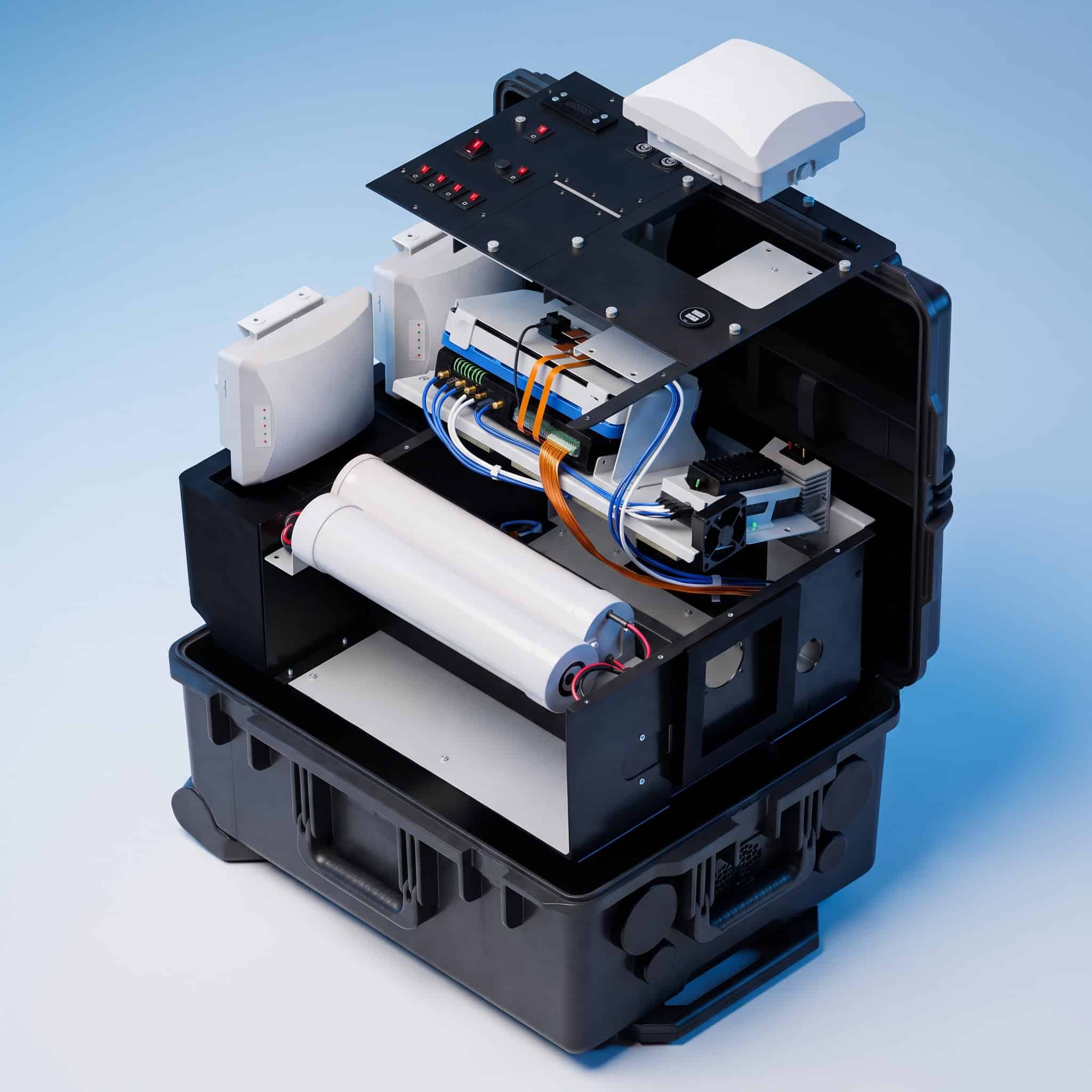 Exploded view of deployable Wi-Fi case showing internal electronic components