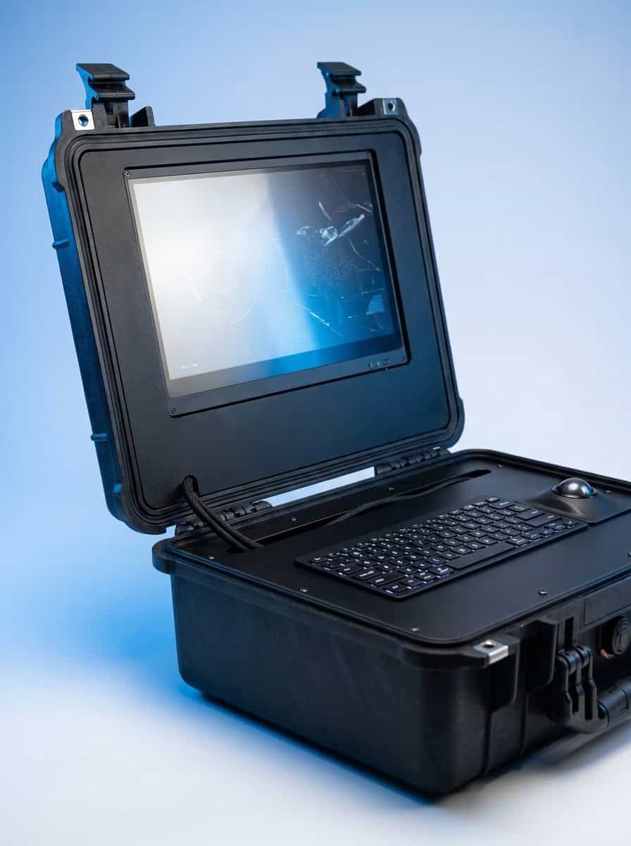 Open rugged electronic case with screen, controls and integrated hardware